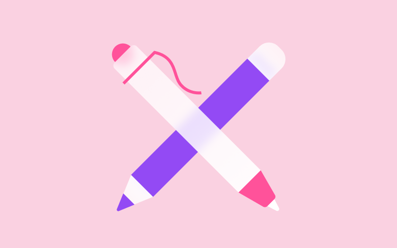 A white and pink pen crosses over a purple and white pencil on a light pink background.