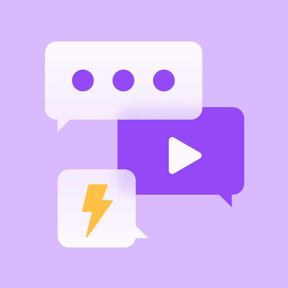 A light purple background features three overlapping chat bubbles: a white one with three purple dots, a purple one with a white play triangle, and a white one with a yellow lightning bolt.