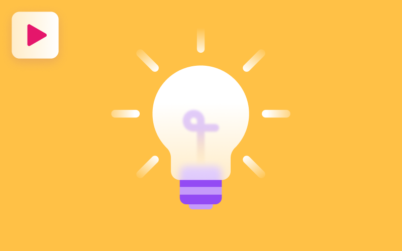 A bright lightbulb with purple accents emits rays on an orange background, with a white square containing a pink play button in the top left corner.