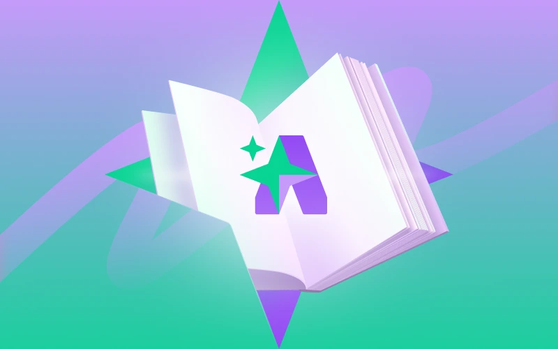 A stylized, open white book with a large purple 'A' and a green sparkle graphic floats against a background of green and purple starburst shapes.